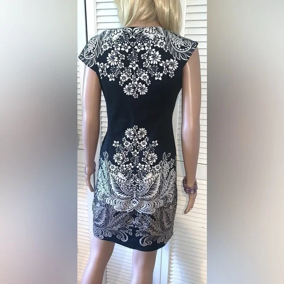 London Style Collection Black White Floral Cap Sleeve Sheath Dress Size 12 - Picture 7 of 7